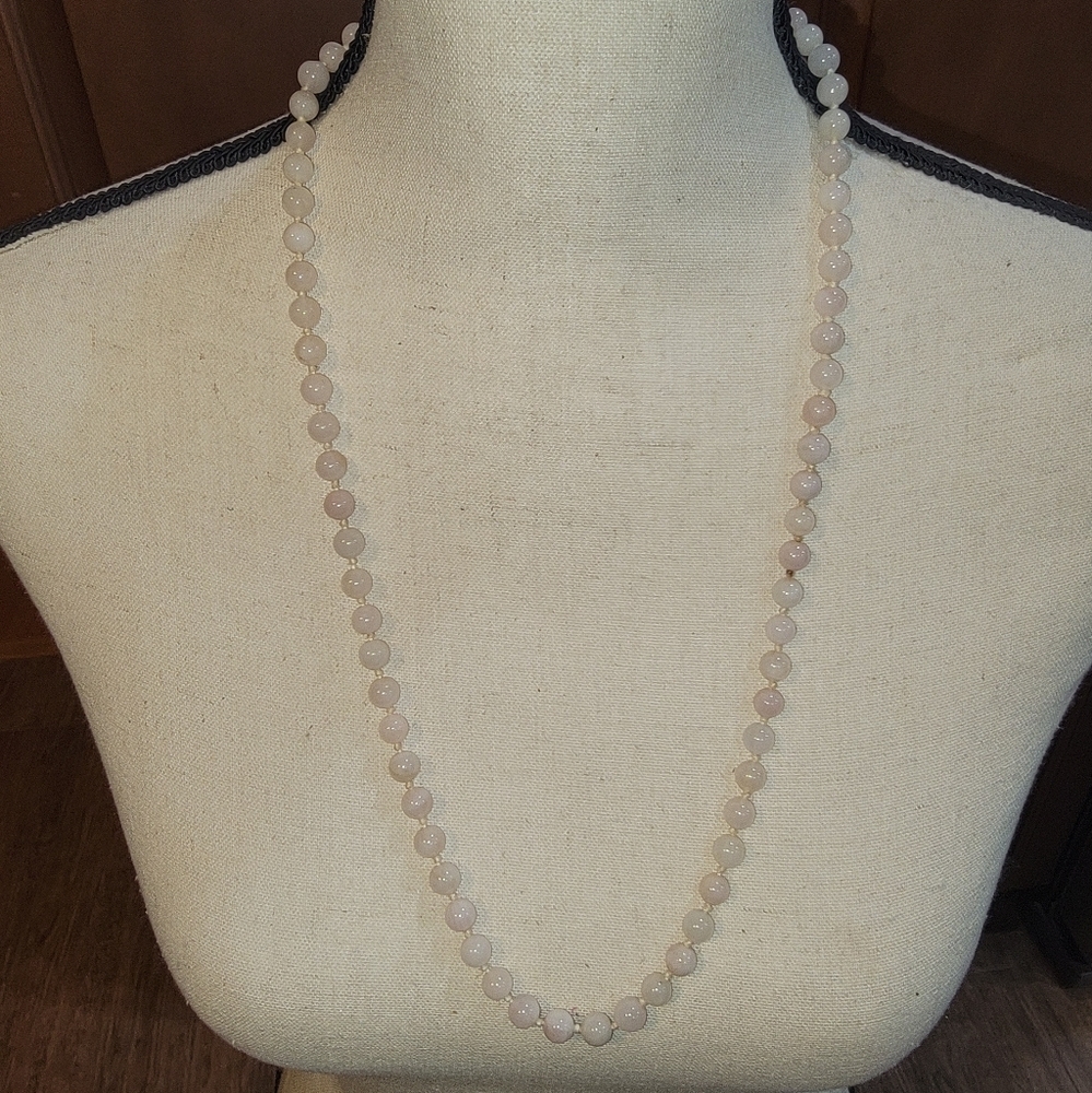 Vintage Pale Pink Natural Stone Hand Knotted Beaded Necklace 28”